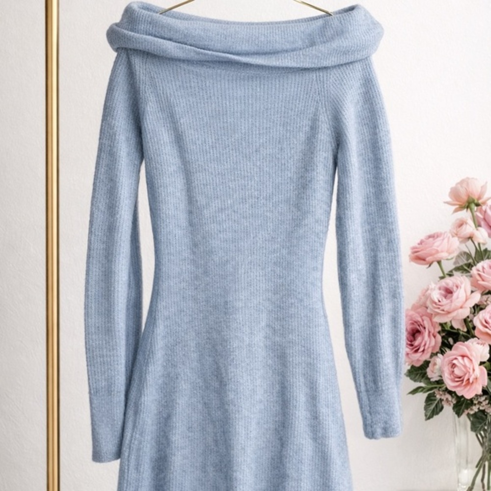 H&M Powder Blue Off-the-Shoulder Knit Dress Sweater